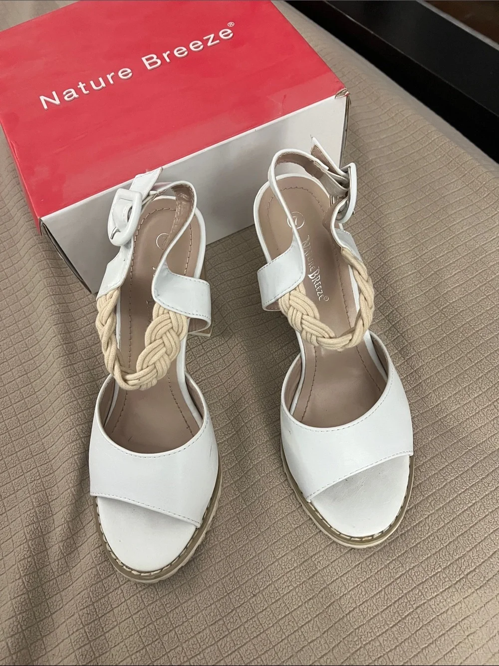 Nature Breeze White Braided-Strap Block Heel Sandals